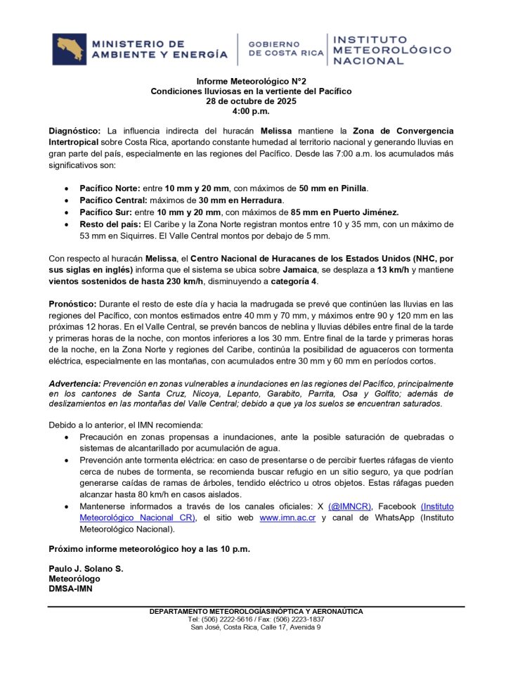 Huracán Melissa golpea con fuertes lluvias la vertiente del Pacífico