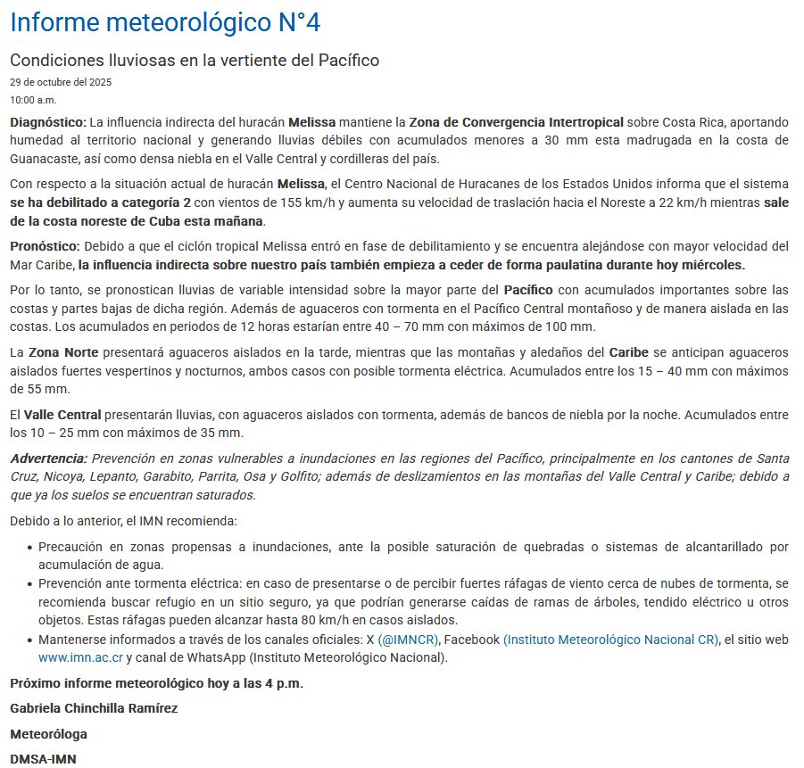 Lluvias continuarán en el Pacífico por influencia indirecta del huracán Melissa