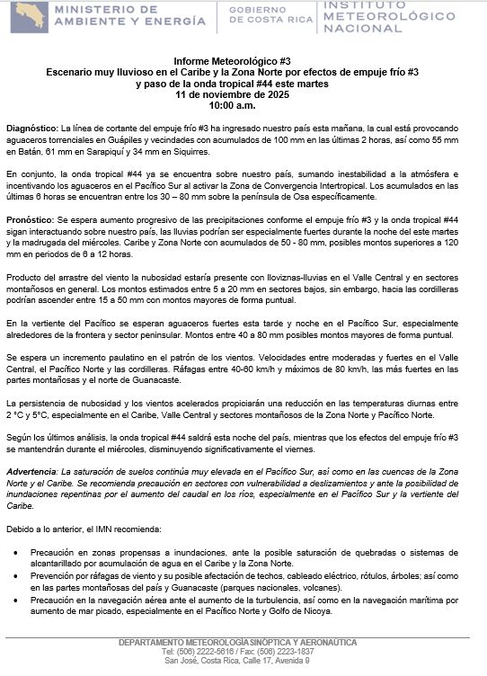 IMN alerta por lluvias intensas en el Caribe y Zona Norte este martes por empuje frío #3 y onda tropical #44