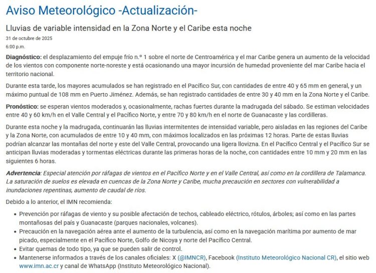 Lluvias y ráfagas de viento afectarán el Caribe y la Zona Norte