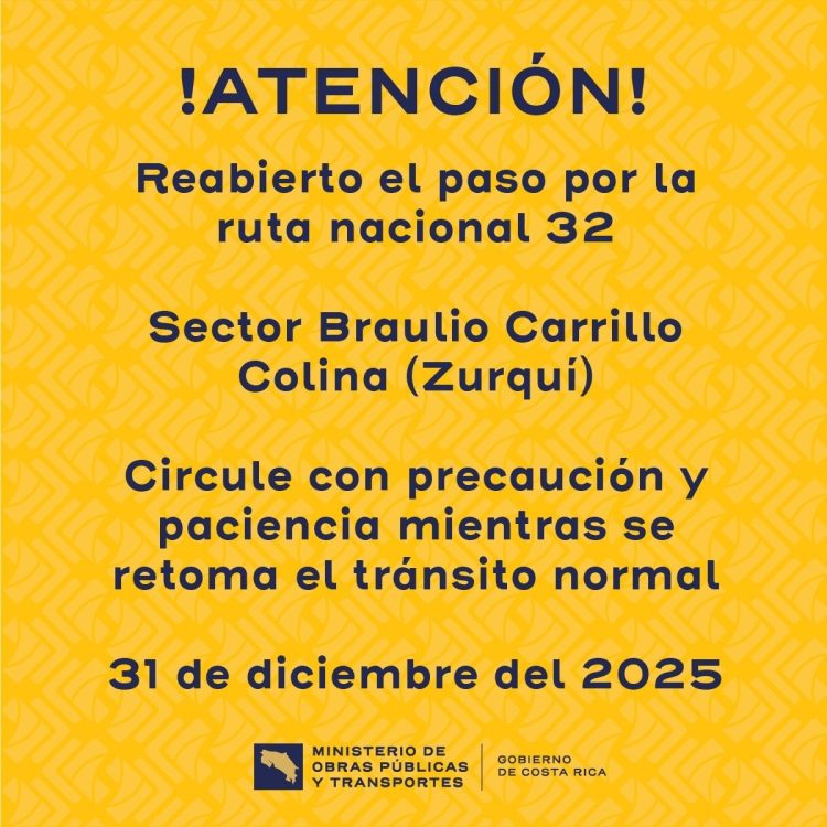 MOPT reabre la Ruta 32 y suspende cobro de peajes por fin de año