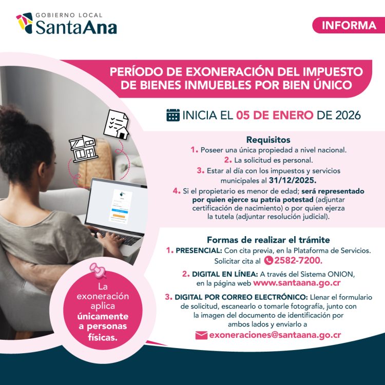 Santa Ana abre periodo 2026 para exoneración del impuesto de bienes inmuebles