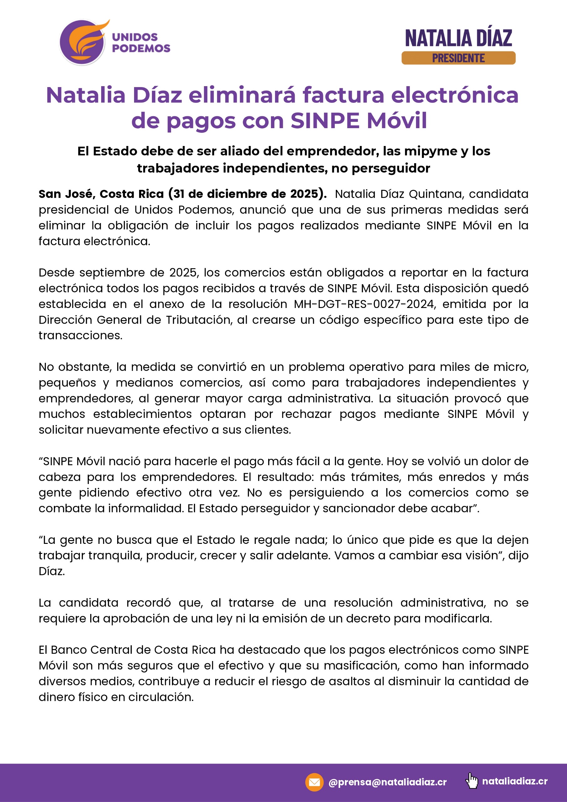 Natalia Díaz propone eliminar registro de SINPE Móvil en factura electrónica