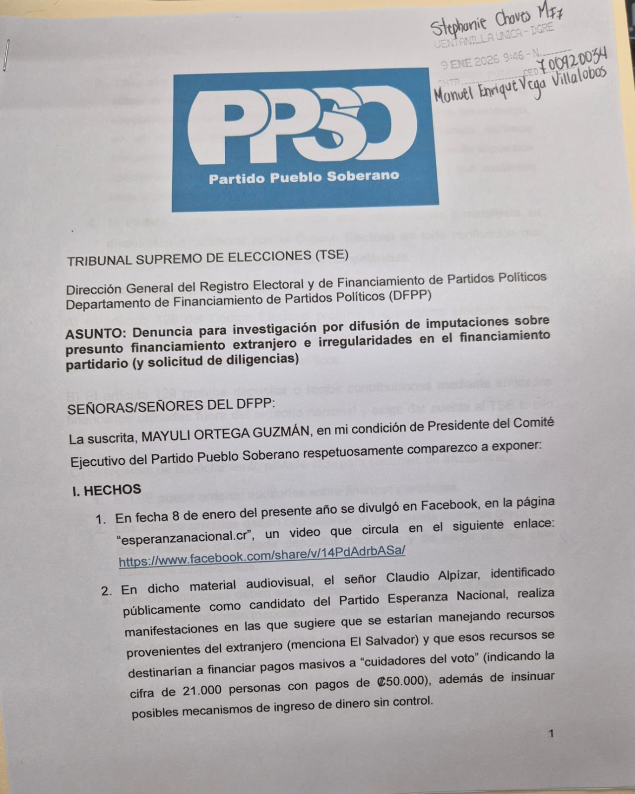 Partido Pueblo Soberano presenta denuncia contra Claudio Alpízar