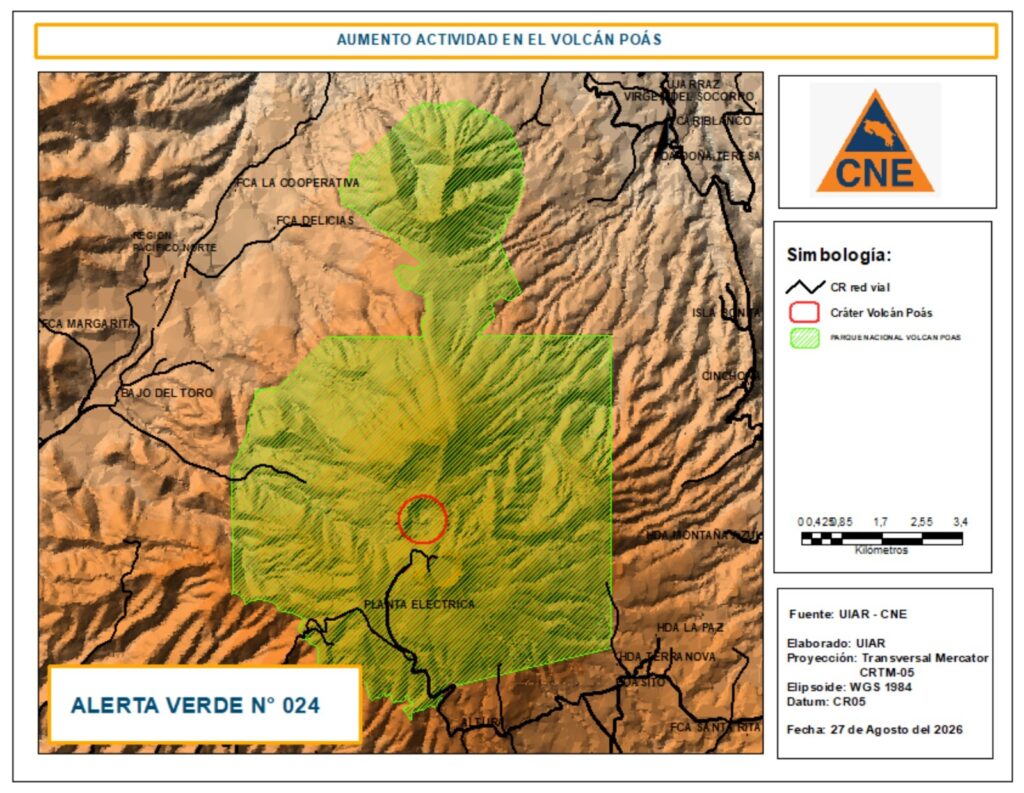CNE declara alerta verde en el Volcán Poás y reduce ingreso de visitantes.